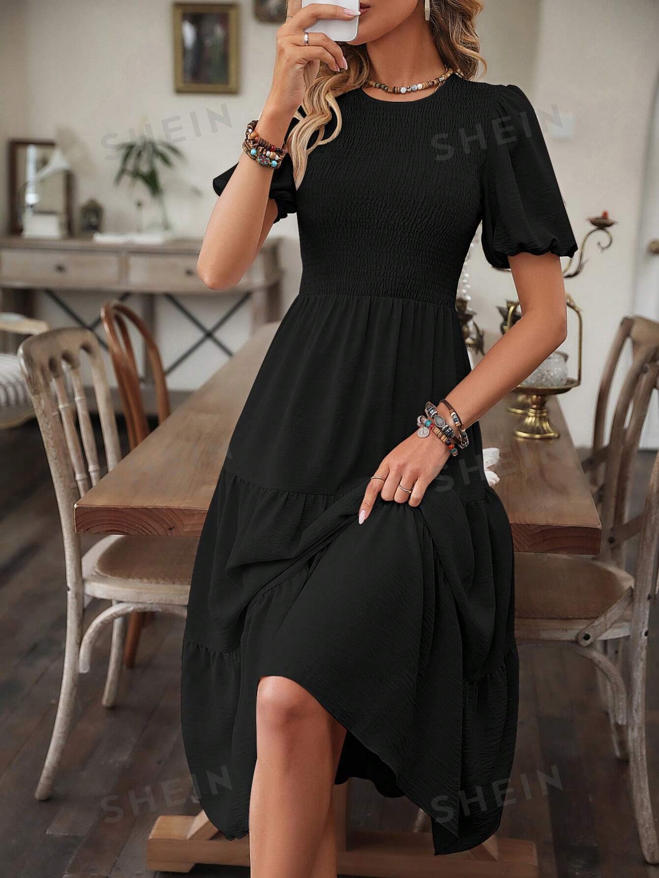 цена SHEIN VCAY Женское однотонное платье с пышными рукавами и запахом, черный