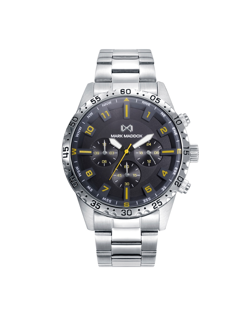 Многофункциональные мужские часы Mission с черным циферблатом, желтыми индексами и стальным браслетом Mark Maddox, серебро