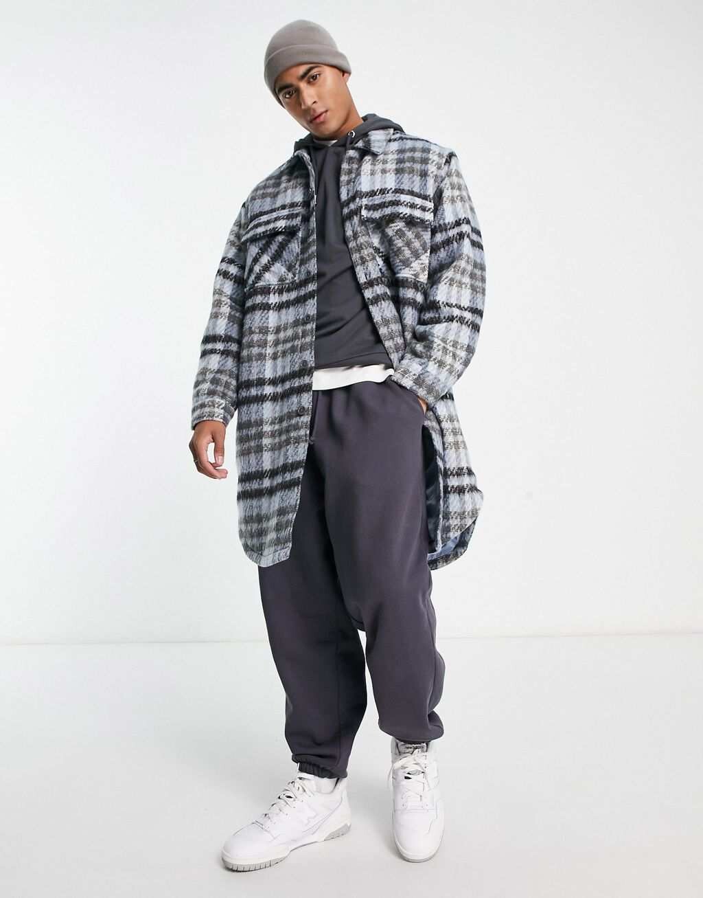 

Синяя длинная рубашка в клетку ASOS DESIGN
