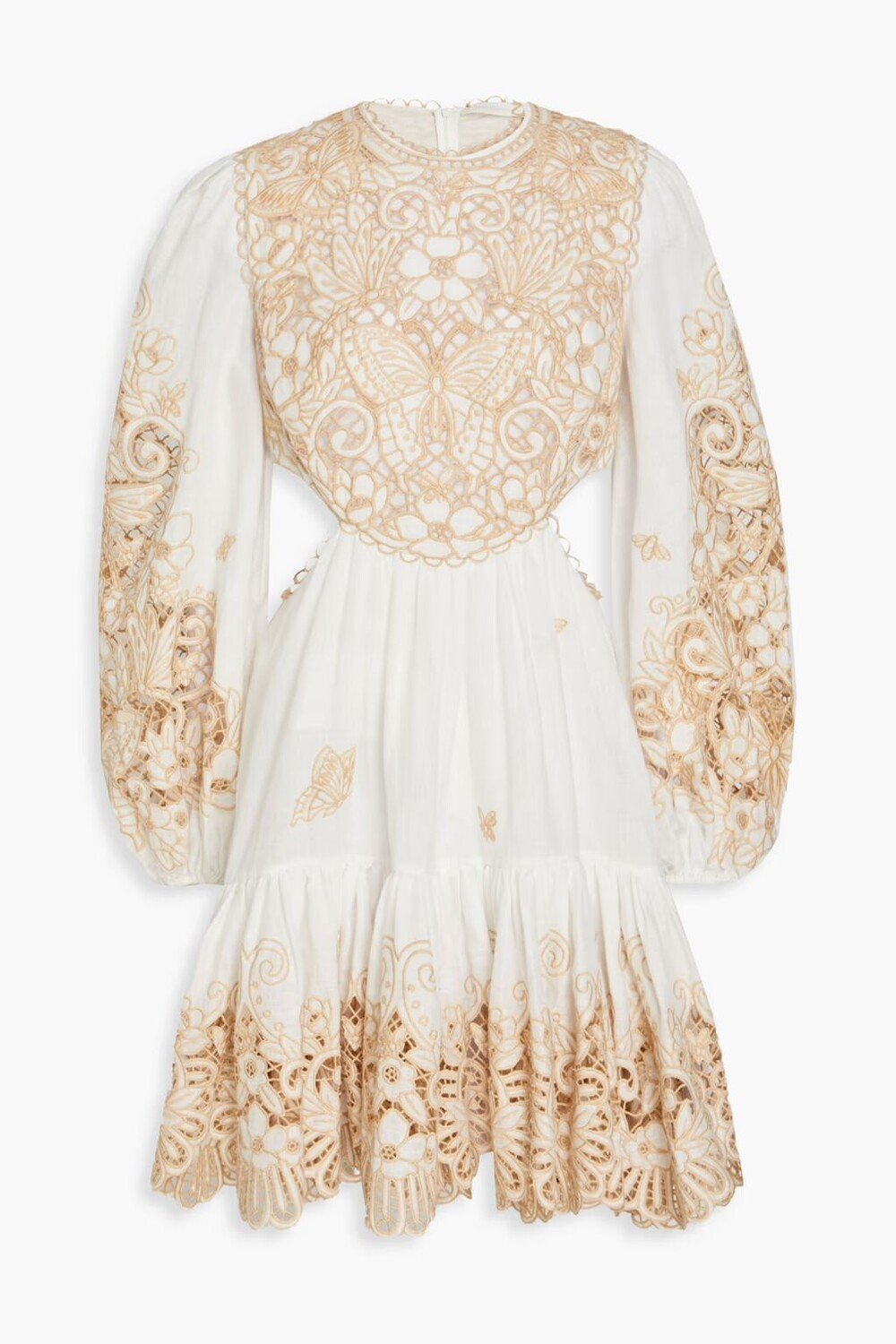 

Льняное платье мини Broderie с английскими вставками и вырезами Zimmermann, слоновая кость