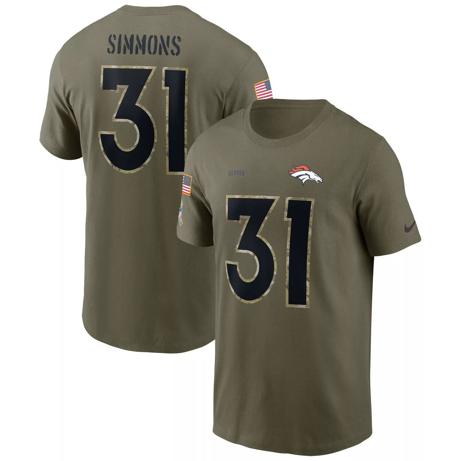 

Мужская футболка Justin Simmons Olive Denver Broncos 2022 Salute To Service с именем и номером Nike