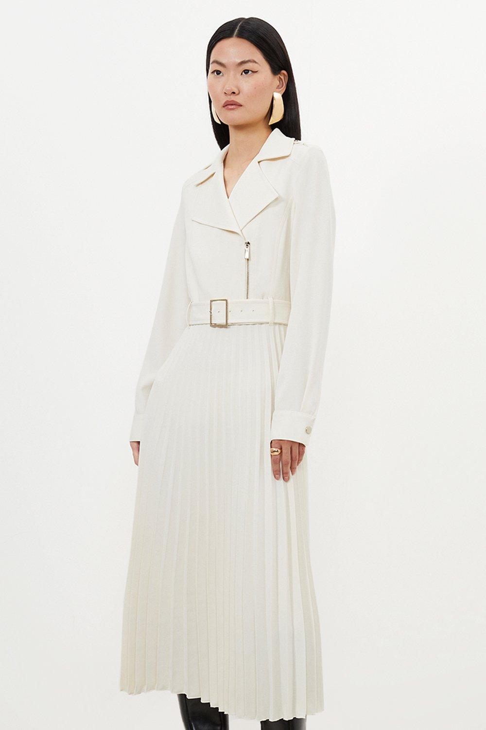 цена Платье-рубашка миди с плиссированной юбкой из крепа и поясом на заказ Karen Millen, белый