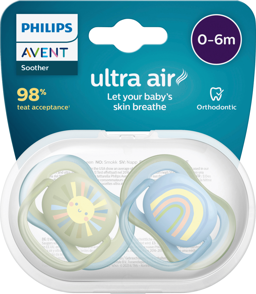 

Соска Ultra Air силиконовая синяя/зеленая 0-6 месяцев 2 шт. Philips