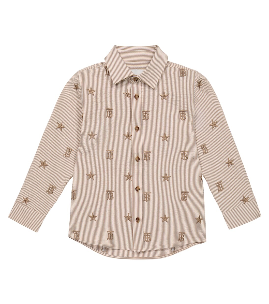 

Полосатая рубашка из сирсакера с вышивкой Burberry Kids, коричневый