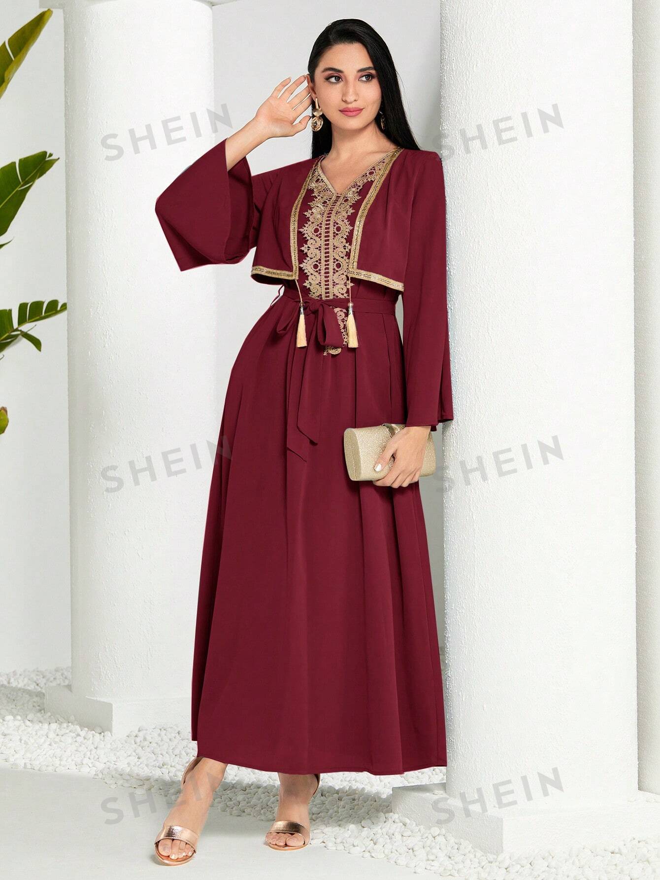 SHEIN Modely женское арабское платье в стиле пэчворк из тканой ленты с бахромой и длинными рукавами, бургундия