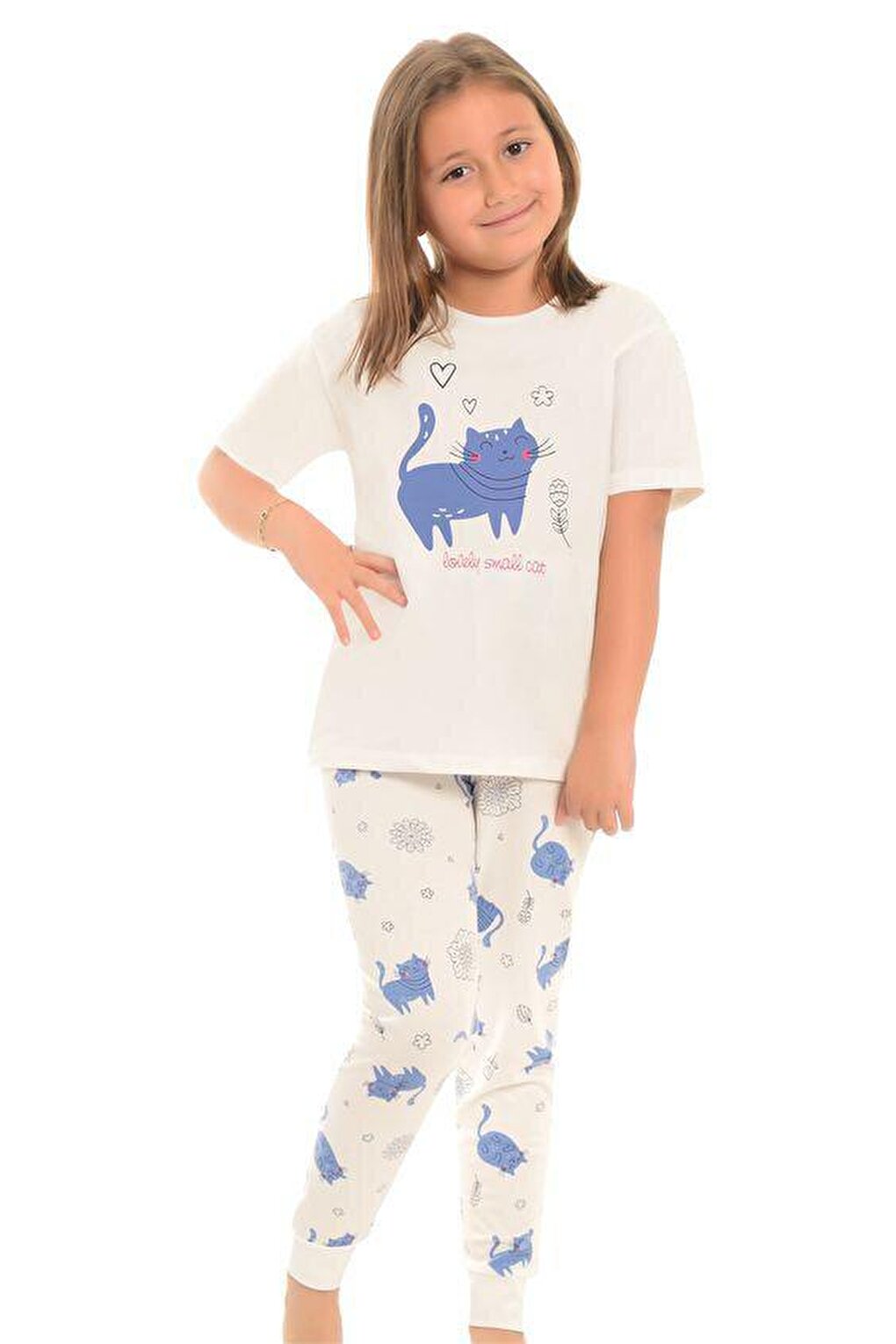 цена Хлопковый пижамный комплект для девочек с короткими рукавами и узором на ногах LITTLE FROG KIDS, экрю-беби-голубой