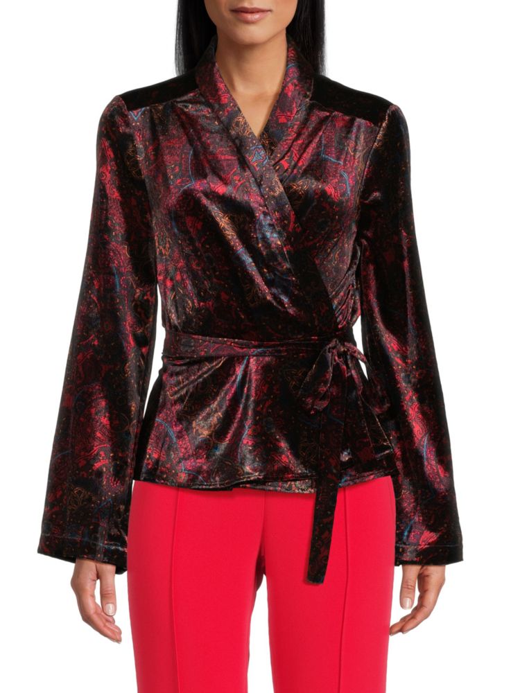 Оливковая бархатная блузка с запахом и принтом Medallion L'Agence, цвет Black Red Grey