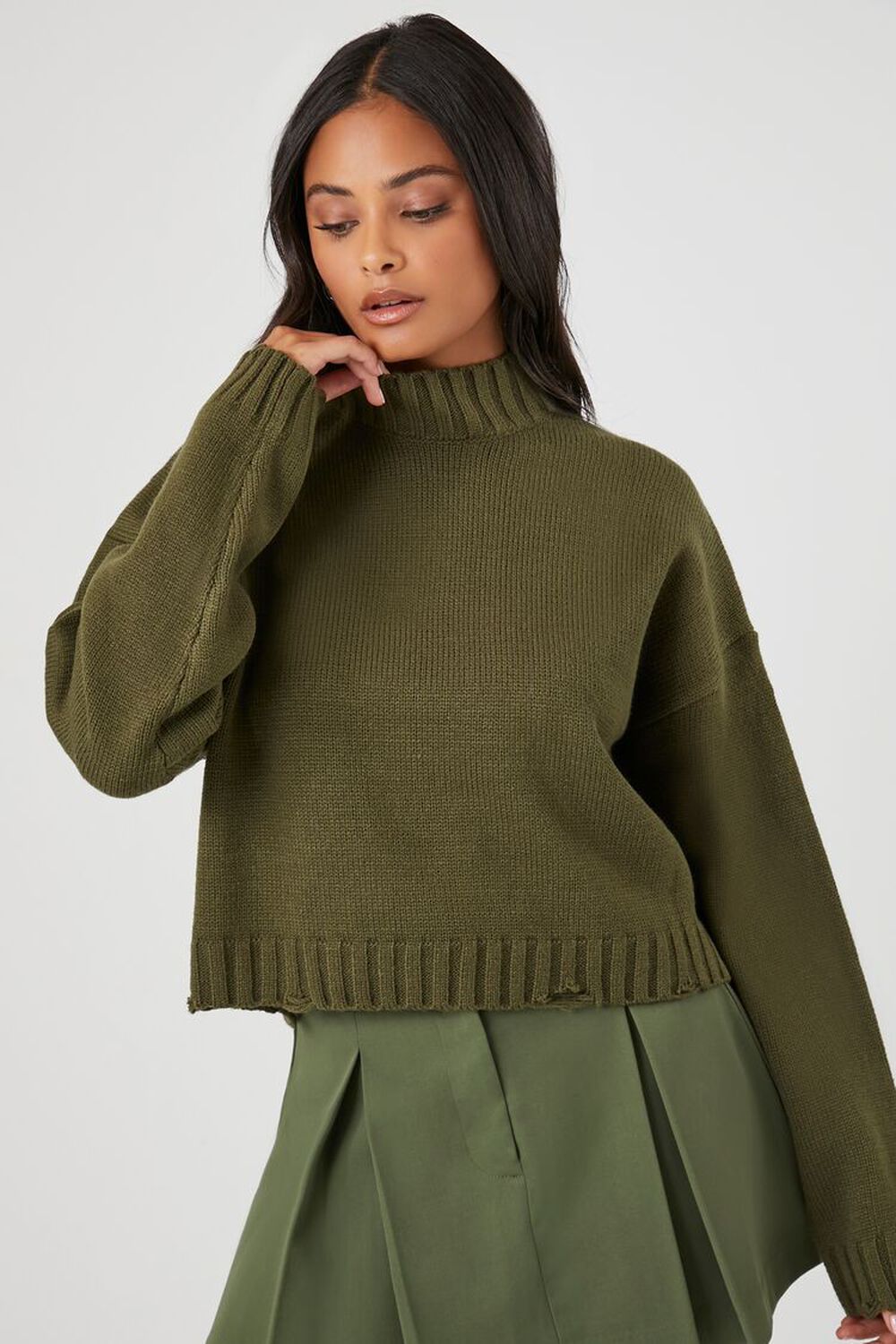 

Рваный свитер с воротником-стойкой Forever 21, оливковый, Зеленый