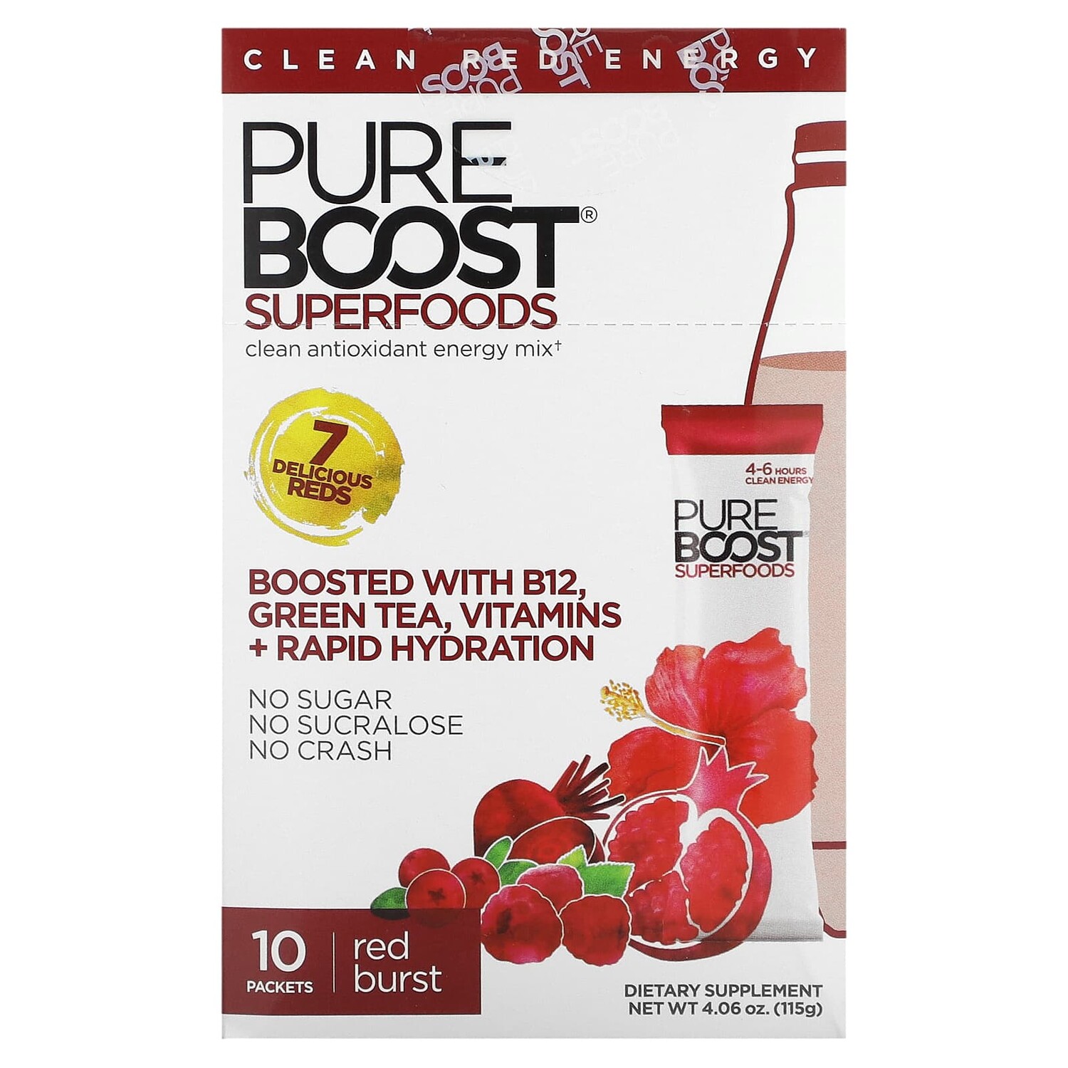 

Superfoods, чистая энергетическая смесь с антиоксидантами, Red Burst, 10 пакетиков по 11,5 г (0,41 унции), Pureboost