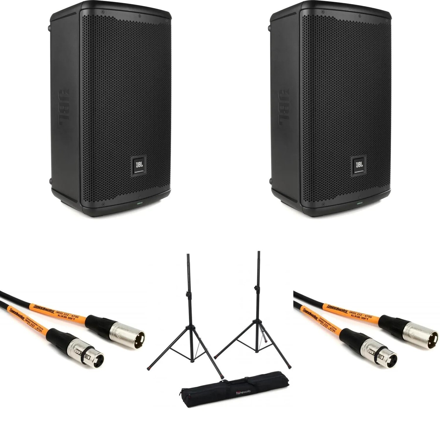 

Пара динамиков JBL EON710 с подставками и кабелями