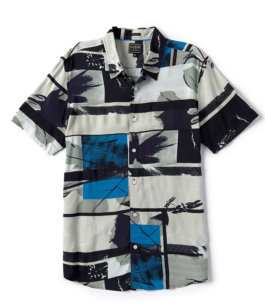 

Рубашка Guess с короткими рукавами и коллажем из пальмового материала, синий