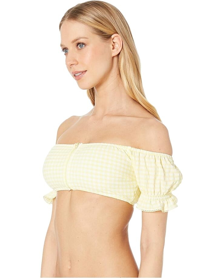 

Топ бикини Jonathan Simkhai Gingham Puff Sleeve Bikini Top, цвет Lemonade/White