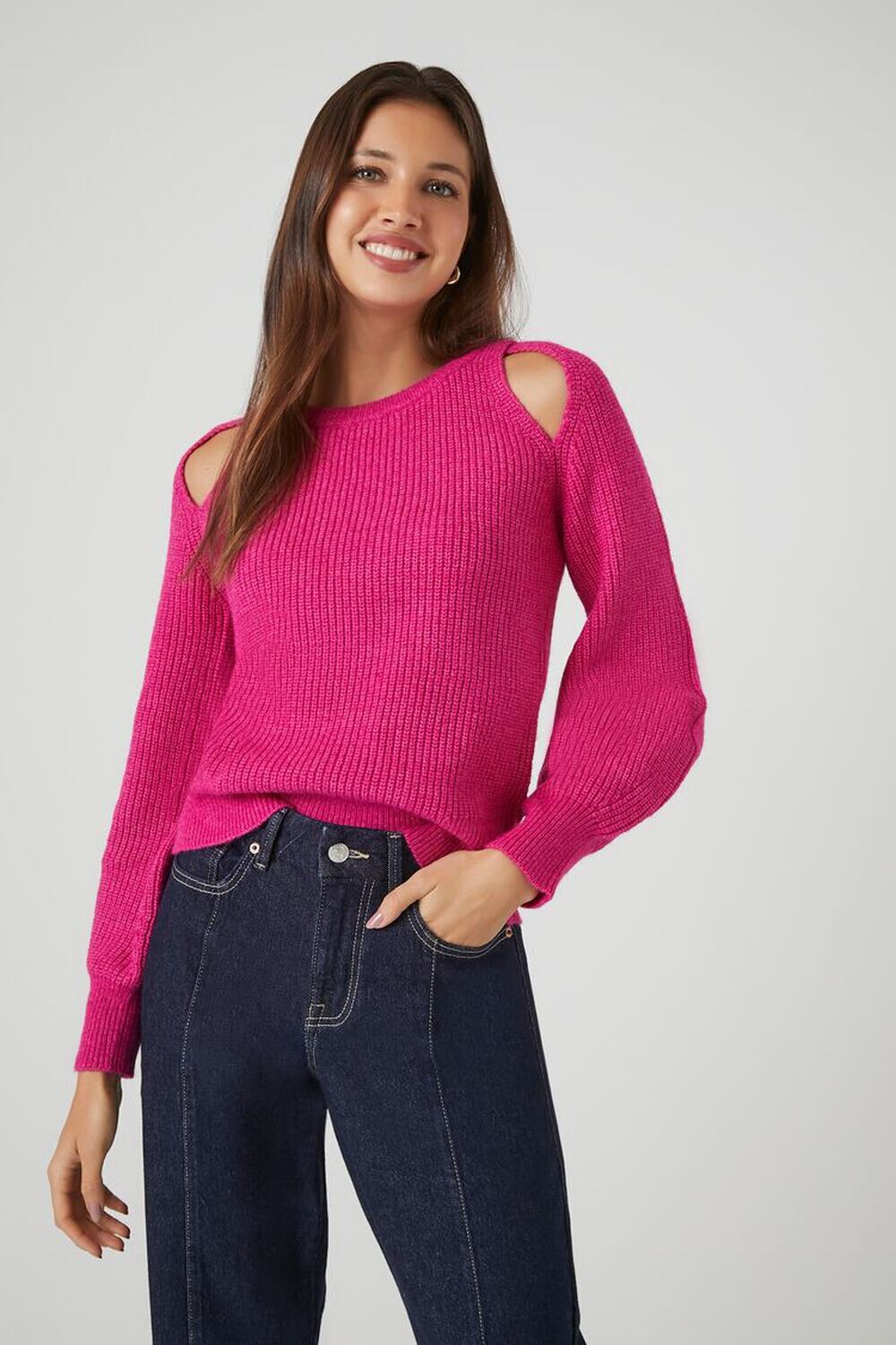 

Ребристый свитер с открытыми плечами Forever 21, розовый