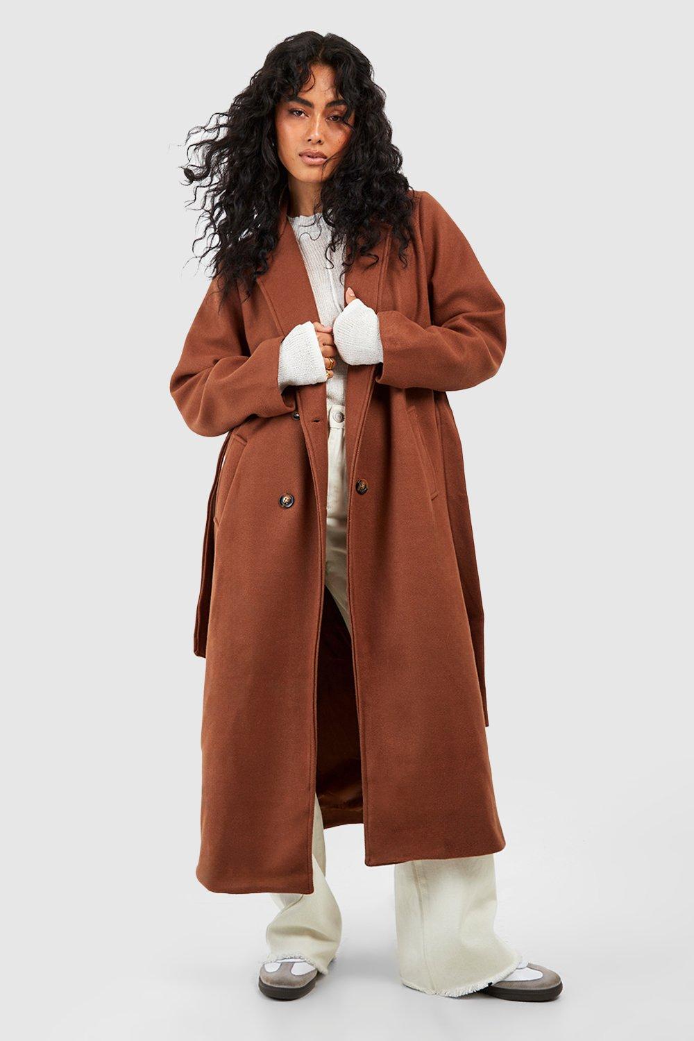 Длинное двубортное шерстяное пальто с поясом boohoo, коричневый шерстяное двубортное свободное длинное пальто elmsk женское зимнее винтажное пальто тренчкот