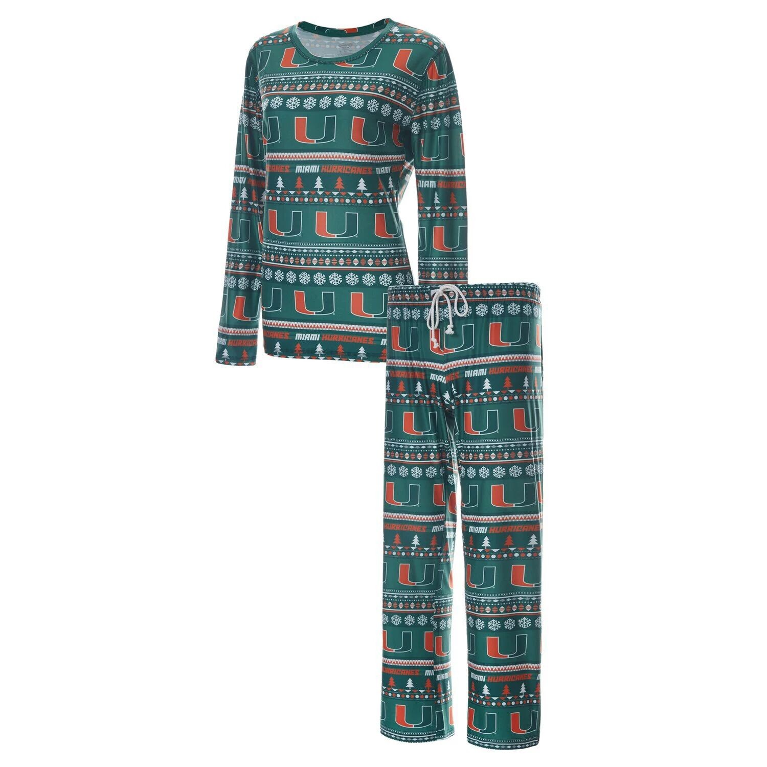 

Женский комплект для сна с длинными рукавами и брюками Concepts Sport Green Miami Hurricanes Holiday