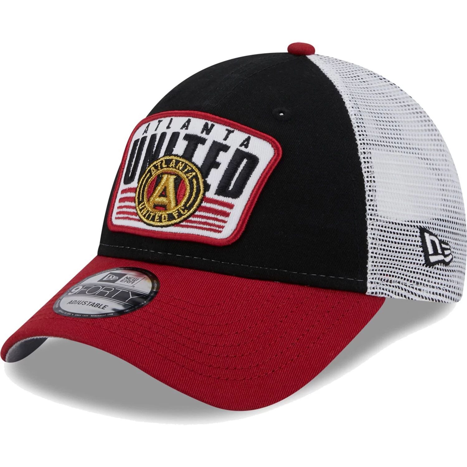 Мужская черная/красная мужская кепка New Era Atlanta United FC Patch 9FORTY Trucker Snapback