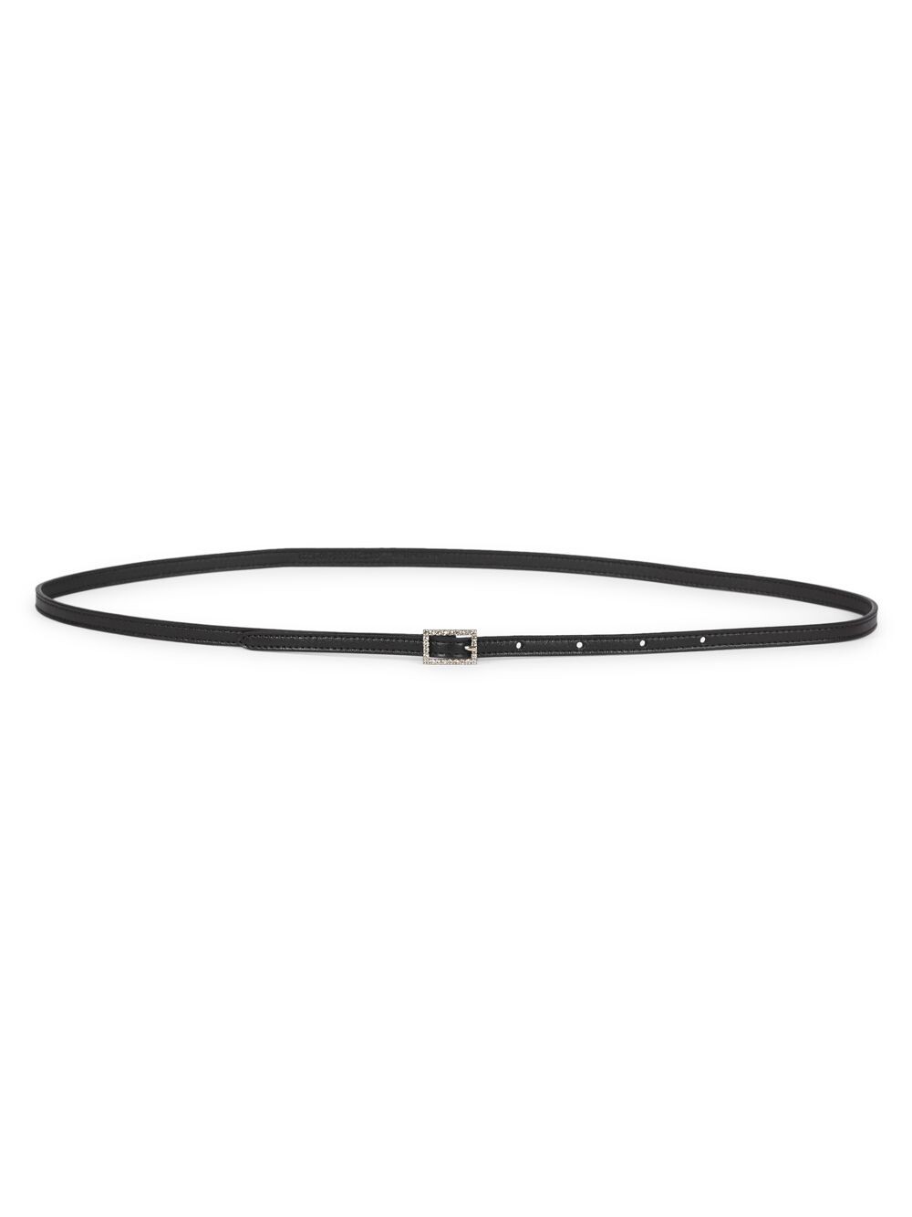 

Тонкий кожаный ремень с пряжкой, украшенной кристаллами Saint Laurent, неро