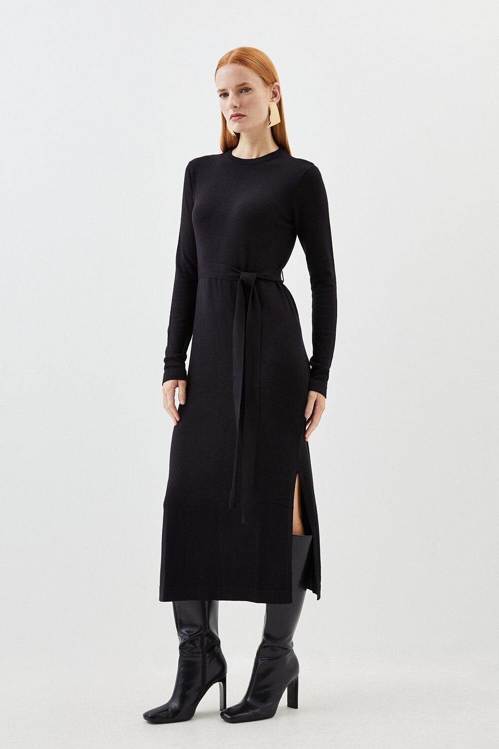 

Трикотажное платье миди из смесовой вискозы с поясом Karen Millen, черный