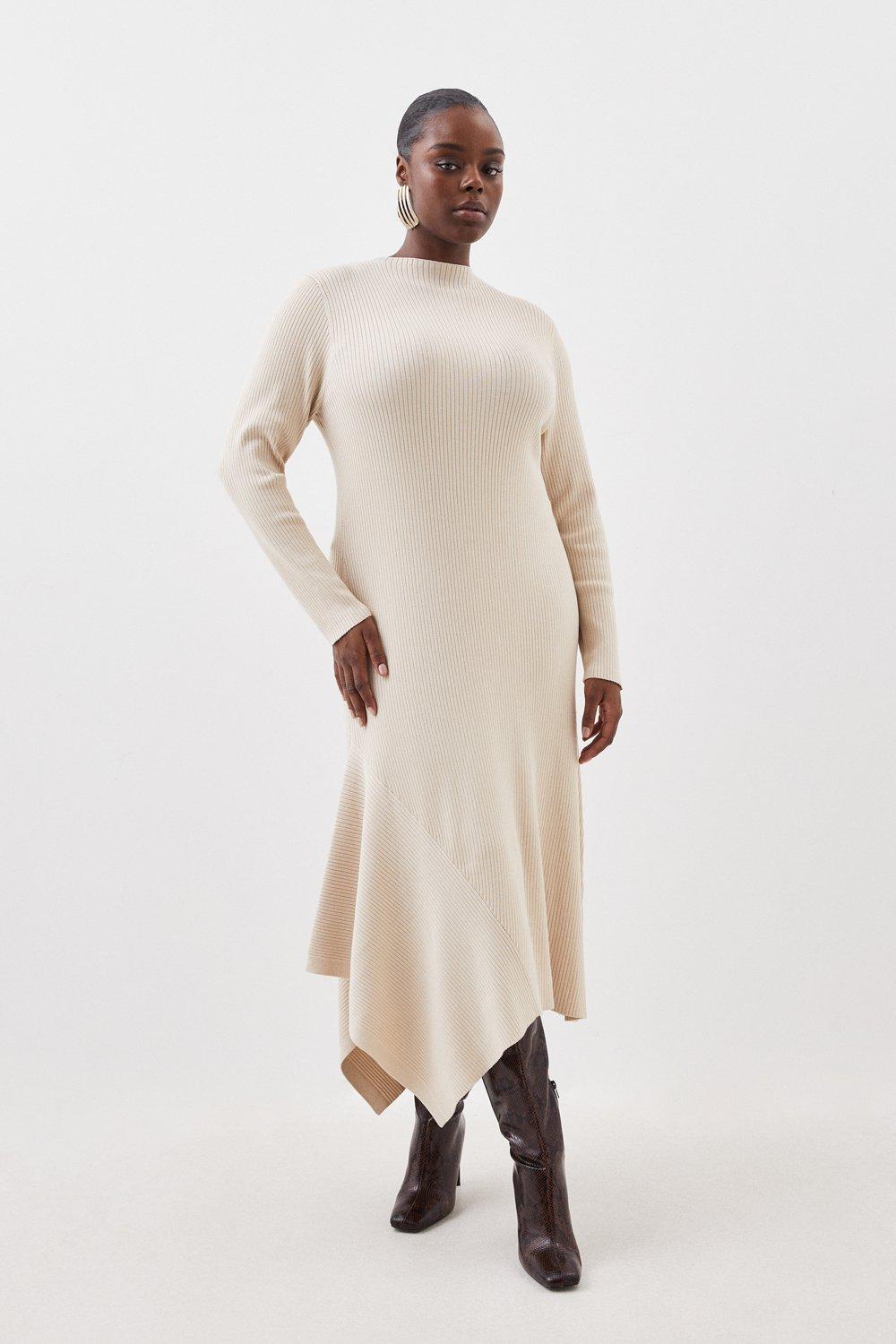 Платье мидакси в рубчик из смесовой вискозы больших размеров Karen Millen, бежевый