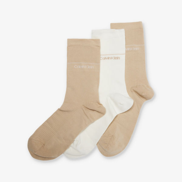 Комплект из трех носков с фирменным принтом из смесового хлопка Calvin Klein, коричневый