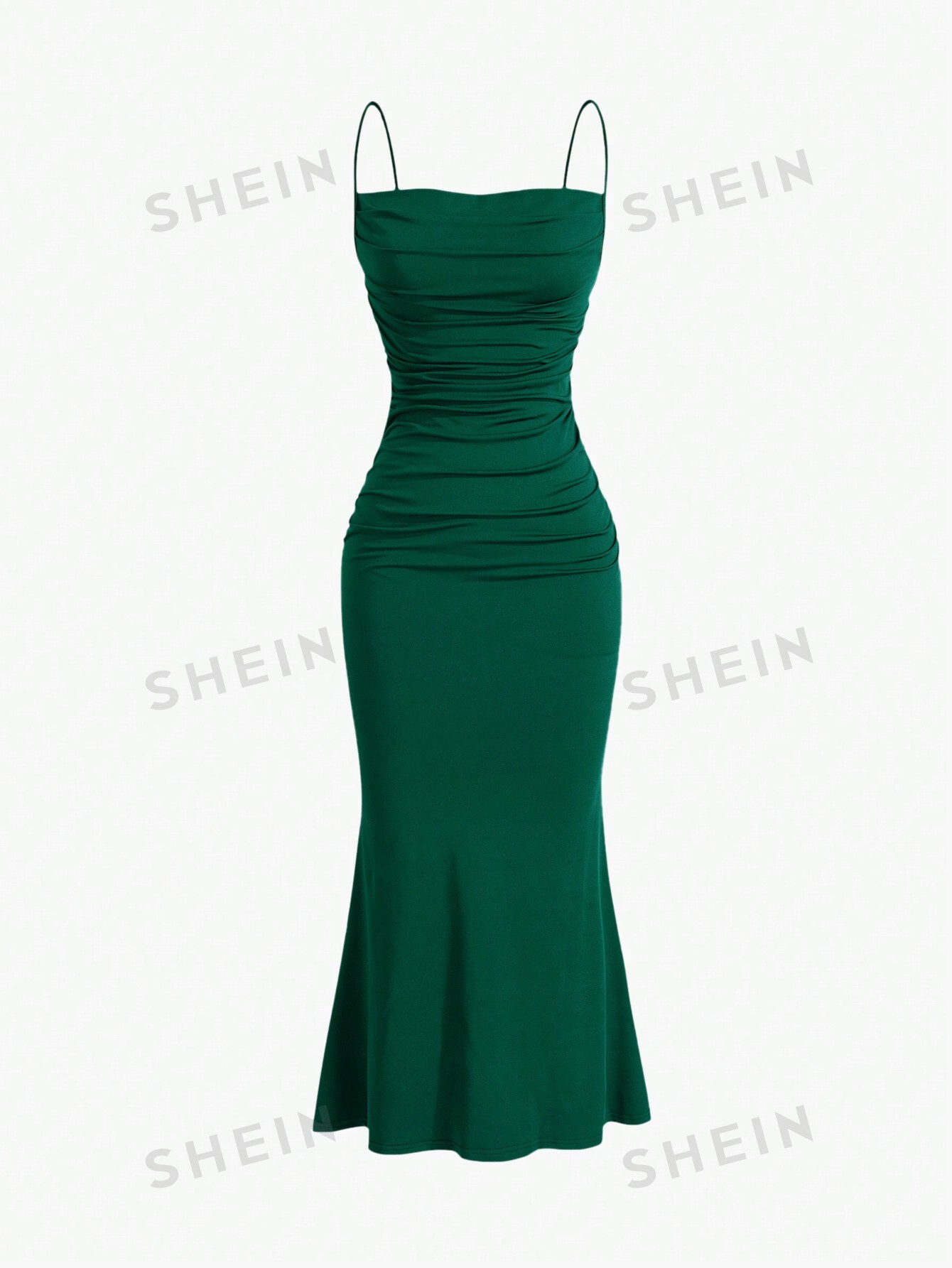цена SHEIN MOD однотонное плиссированное платье с ремешками и подолом «рыбий хвост», темно-зеленый