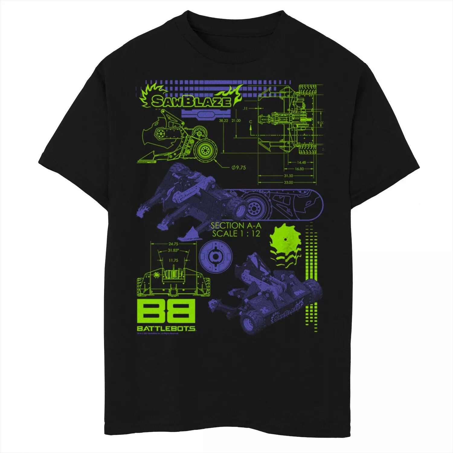 

Футболка с неоновым плакатом и графикой для мальчиков 8–20 лет Battlebots Saw Blaze Schematics Licensed Character