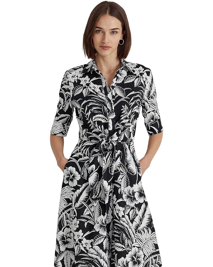 

Платье LAUREN Ralph Lauren Floral Tie Front Linen Shirtdress, черный/белый