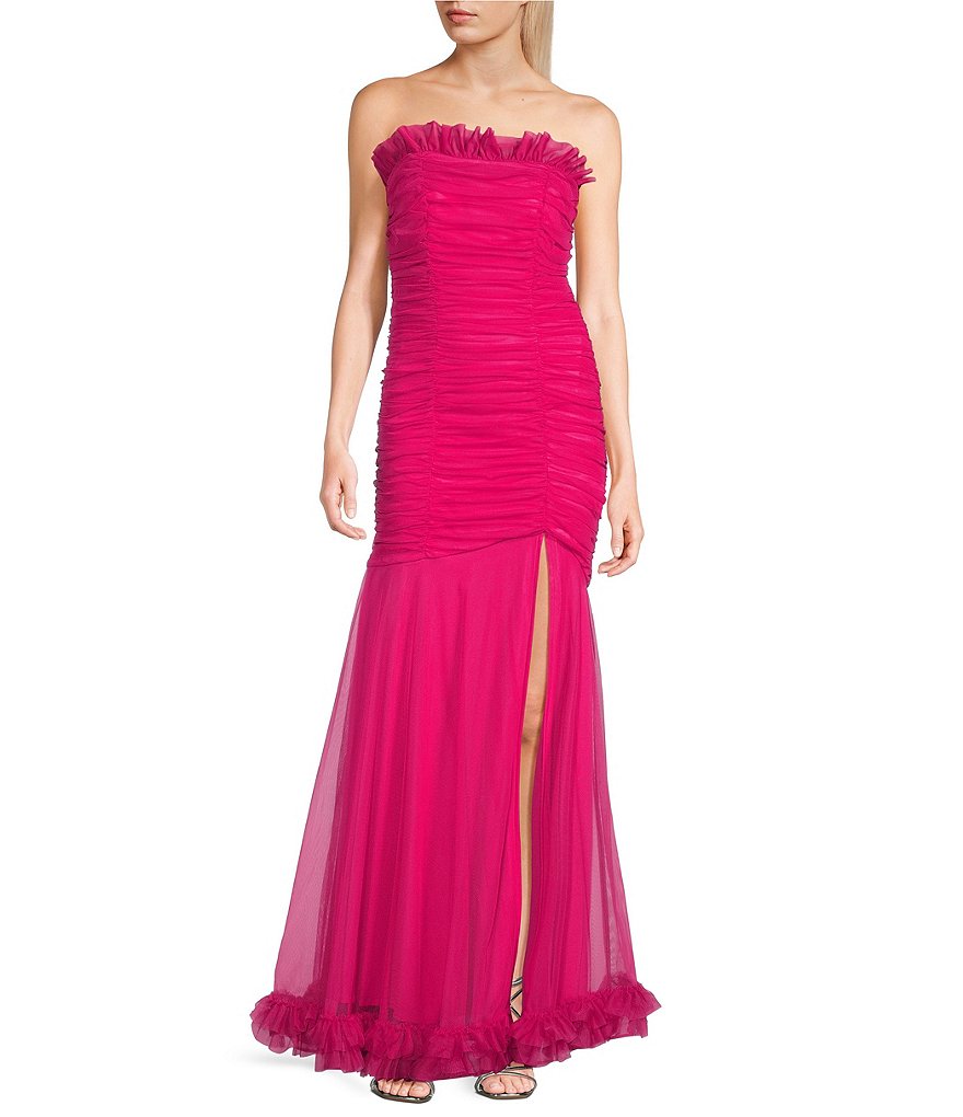 Платье русалки с сетчатой ​​отделкой и рюшами Blondie Nites без бретелек, розовый