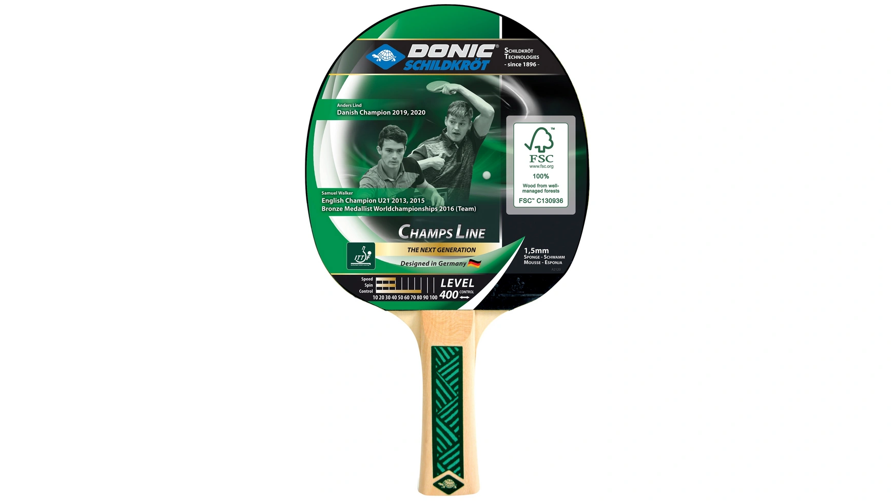 Donic Schildkröt Ракетка для настольного тенниса Champs Line 400, губка 1,5 мм, нефрит резина ITTF
