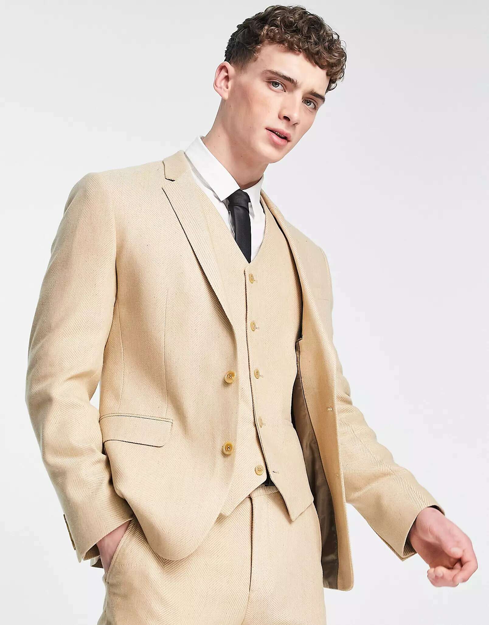Свадебный пиджак скинни из смесовой шерсти с узором «елочка» ASOS