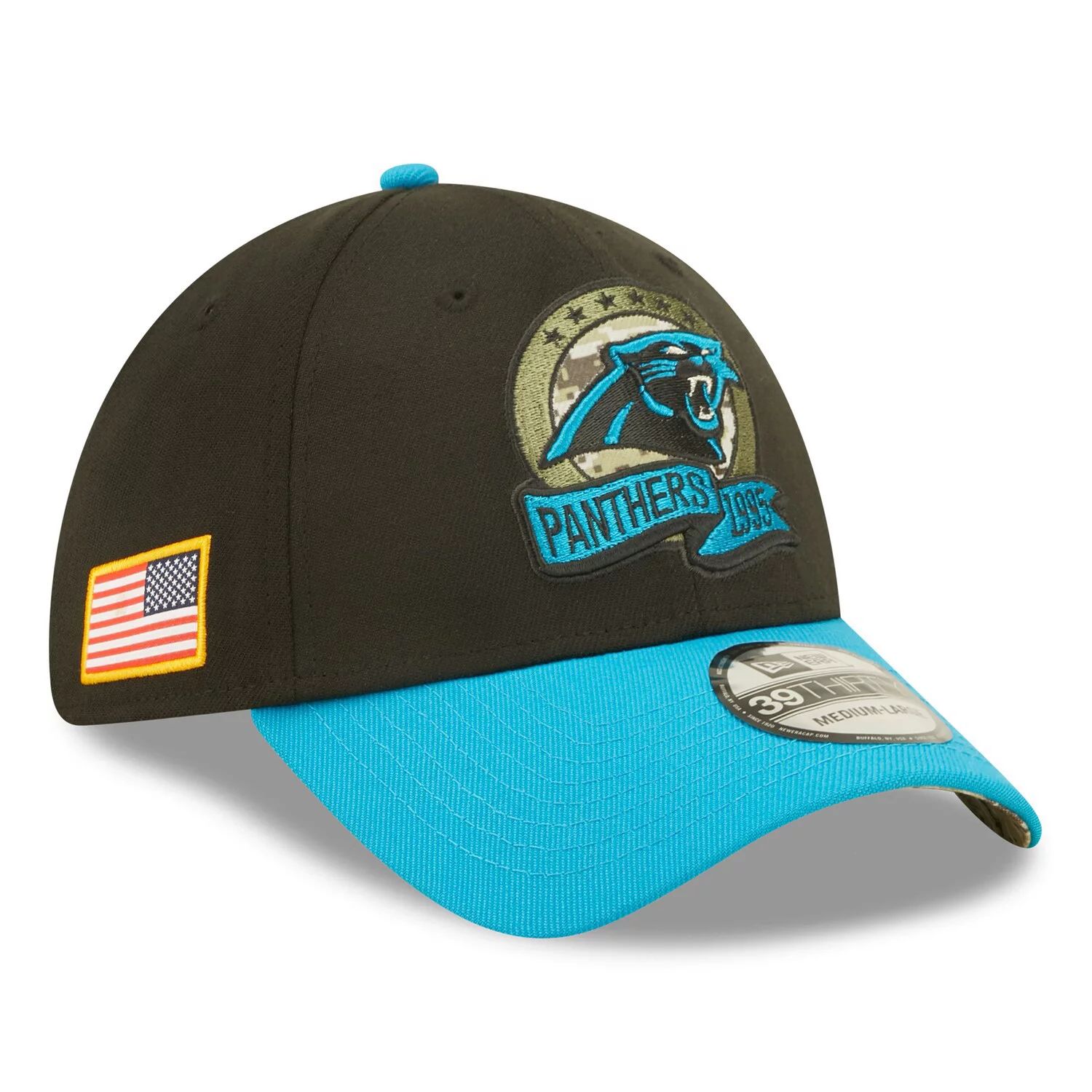 Мужская кепка New Era Black/Blue Carolina Panthers 2022 Salute To Service 39THIRTY Flex Hat