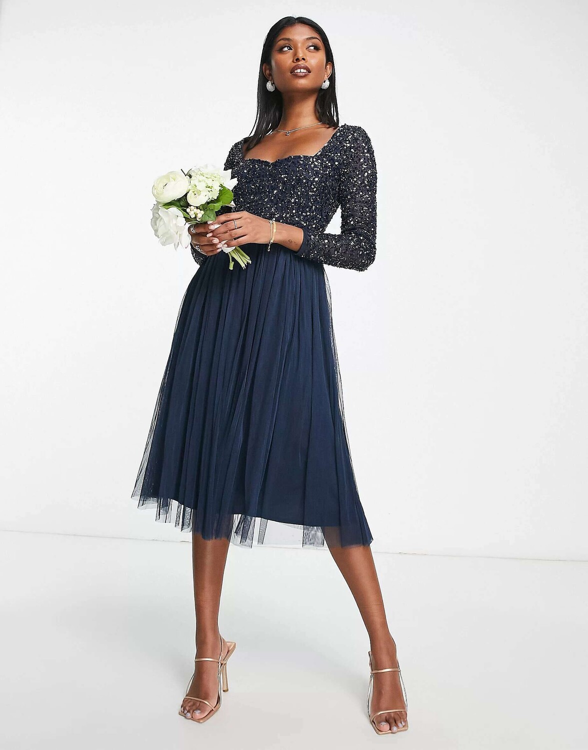 

Темно-синее платье миди с длинными рукавами Maya Bridesmaids в форме сердца, Синий