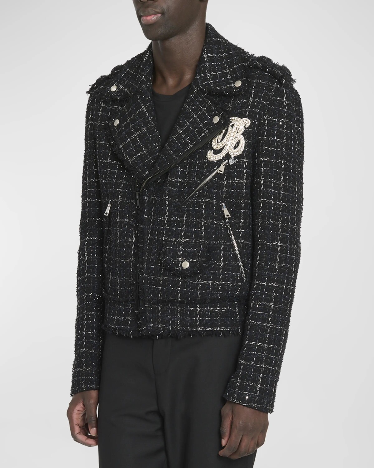 

Мужская твидовая косуха с вышивкой Balmain, цвет Black/Crystal