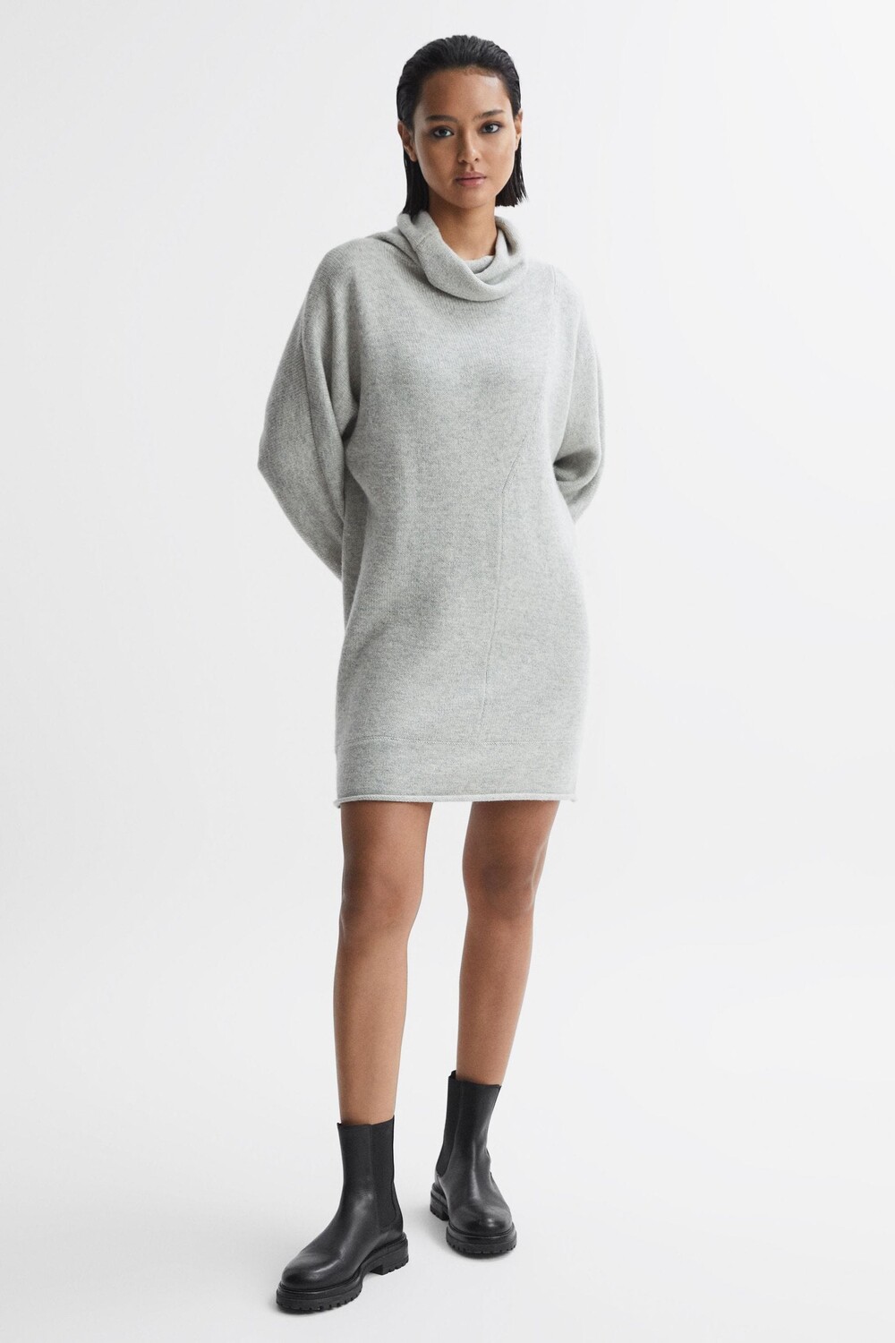 

Мини-Платье оверсайз с водолазкой из смесовой шерсти Reiss, серый