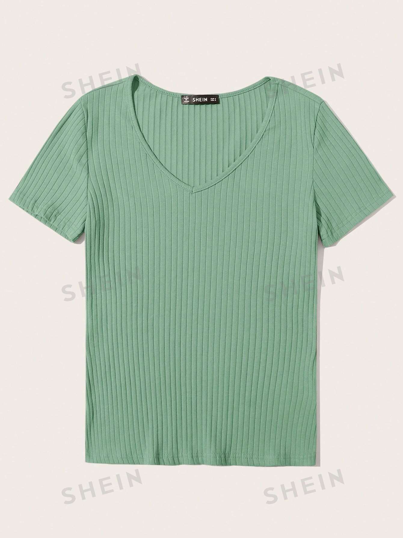 SHEIN Essnce однотонная повседневная трикотажная футболка в рубчик с короткими рукавами, мятно-зеленый