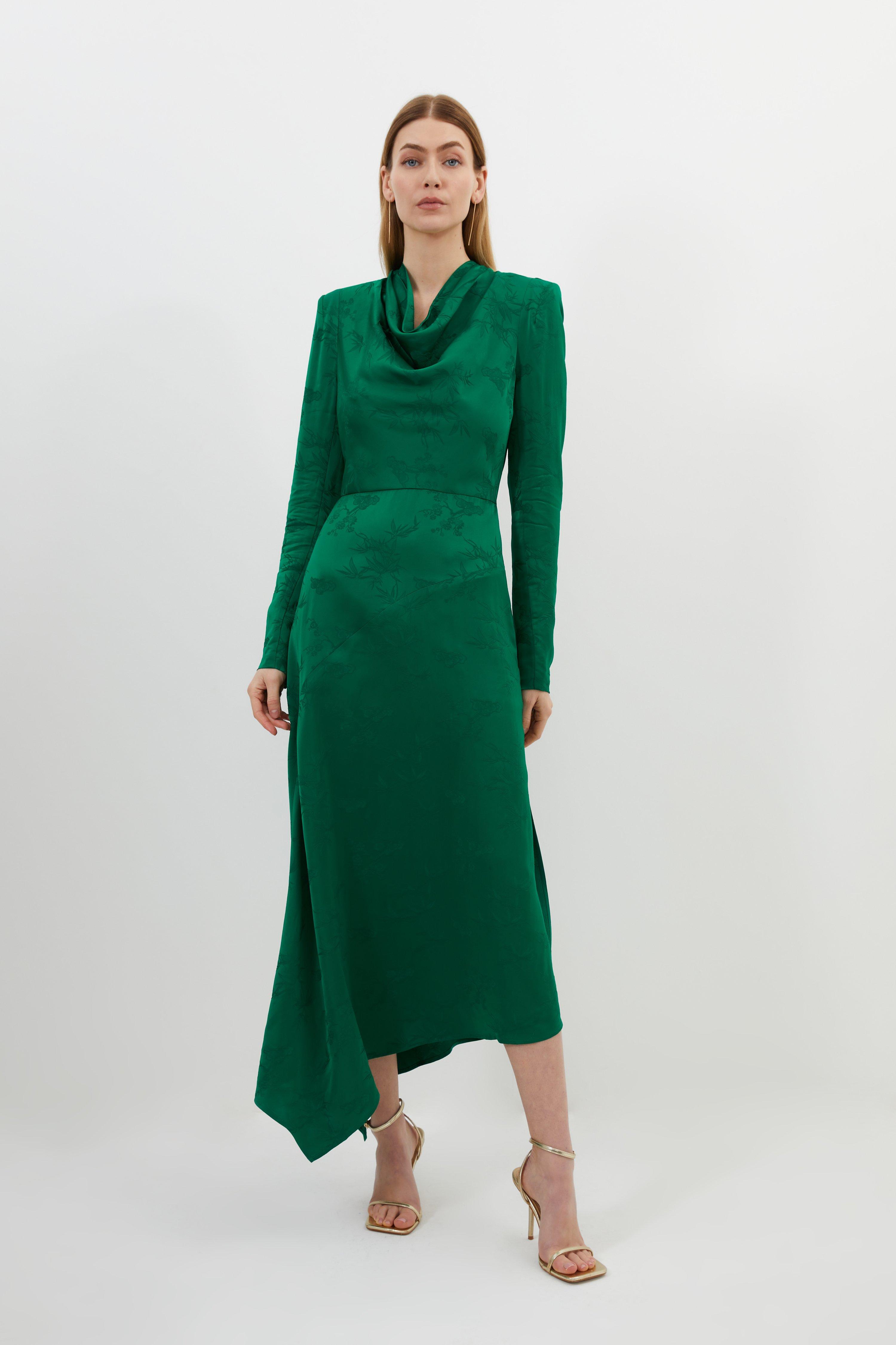 цена Тканое платье миди премиум-класса с жаккардовым воротником и длинными рукавами Karen Millen, зеленый