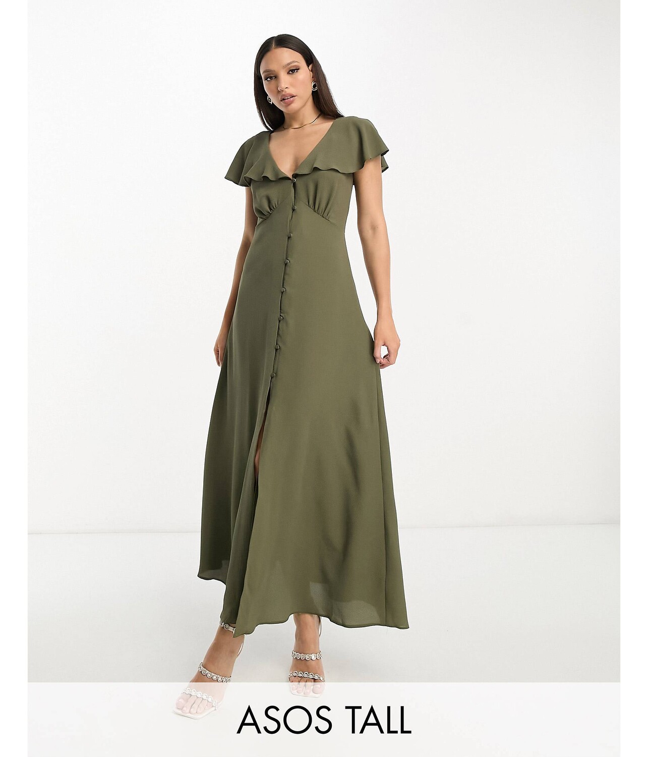 

Платье миди цвета хаки с рукавами-крылышками и пуговицами ASOS DESIGN Tall ASOS Tall