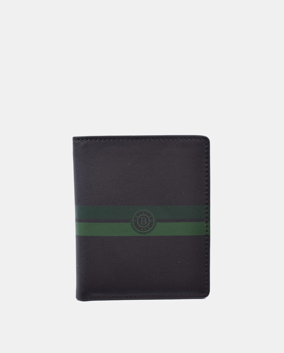 Вертикальный кожаный кошелек с визитницей коричневого цвета с зелеными деталями Bellido, коричневый