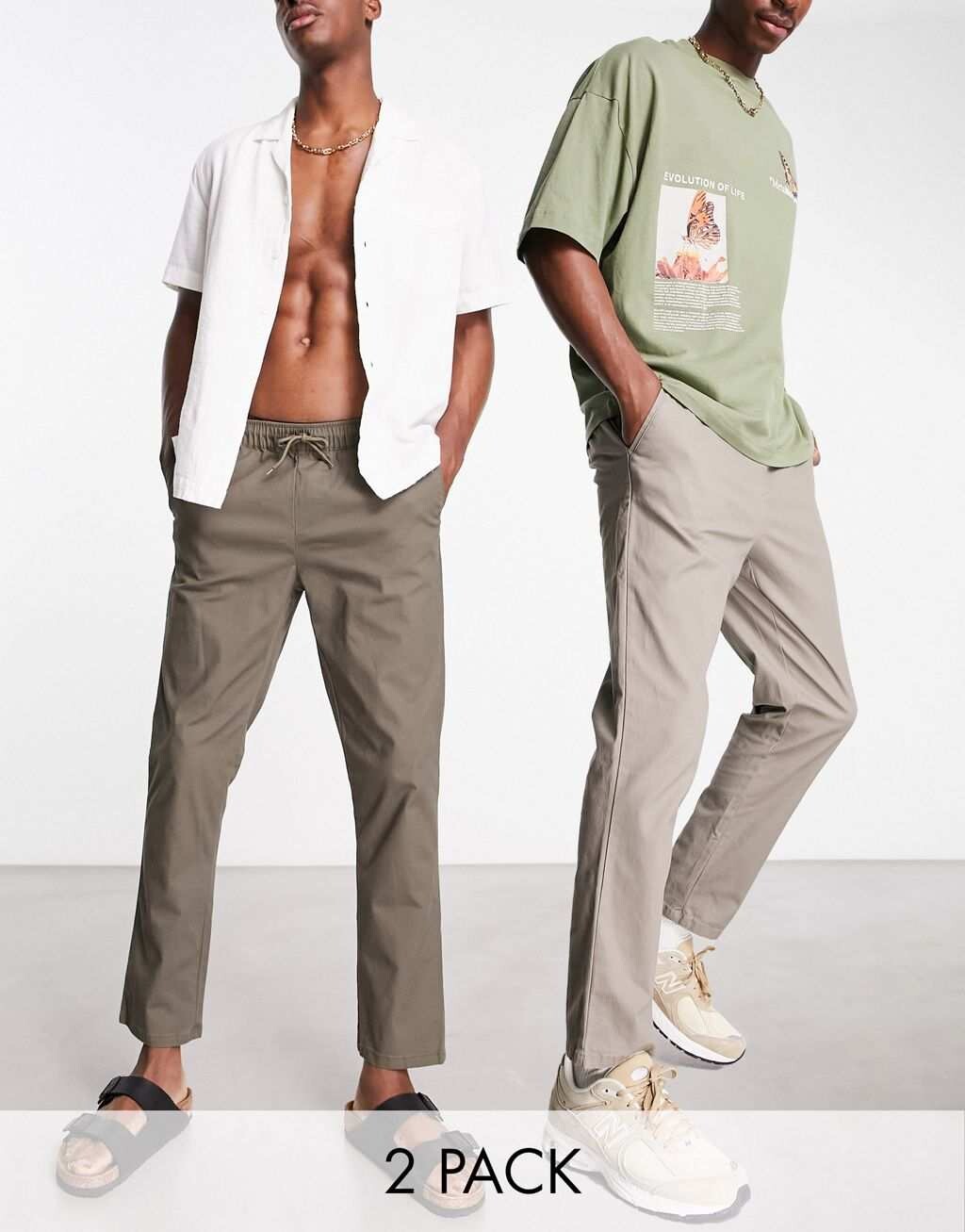 

Комплект из двух узких брюк чинос с резинкой на талии ASOS DESIGN бежевого/хаки цвета, Бежевый