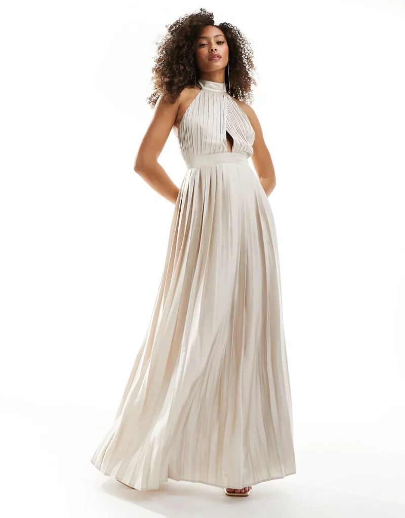 Атласное платье макси с воротником-халтер и пышной юбкой TFNC Bridesmaid цвета шампанского