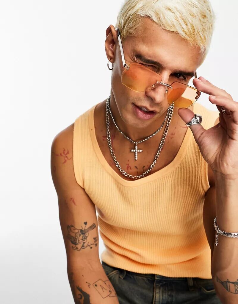 

Солнцезащитные очки без оправы в ретро-золотой оправе ASOS Design с градиентными оранжевыми линзами
