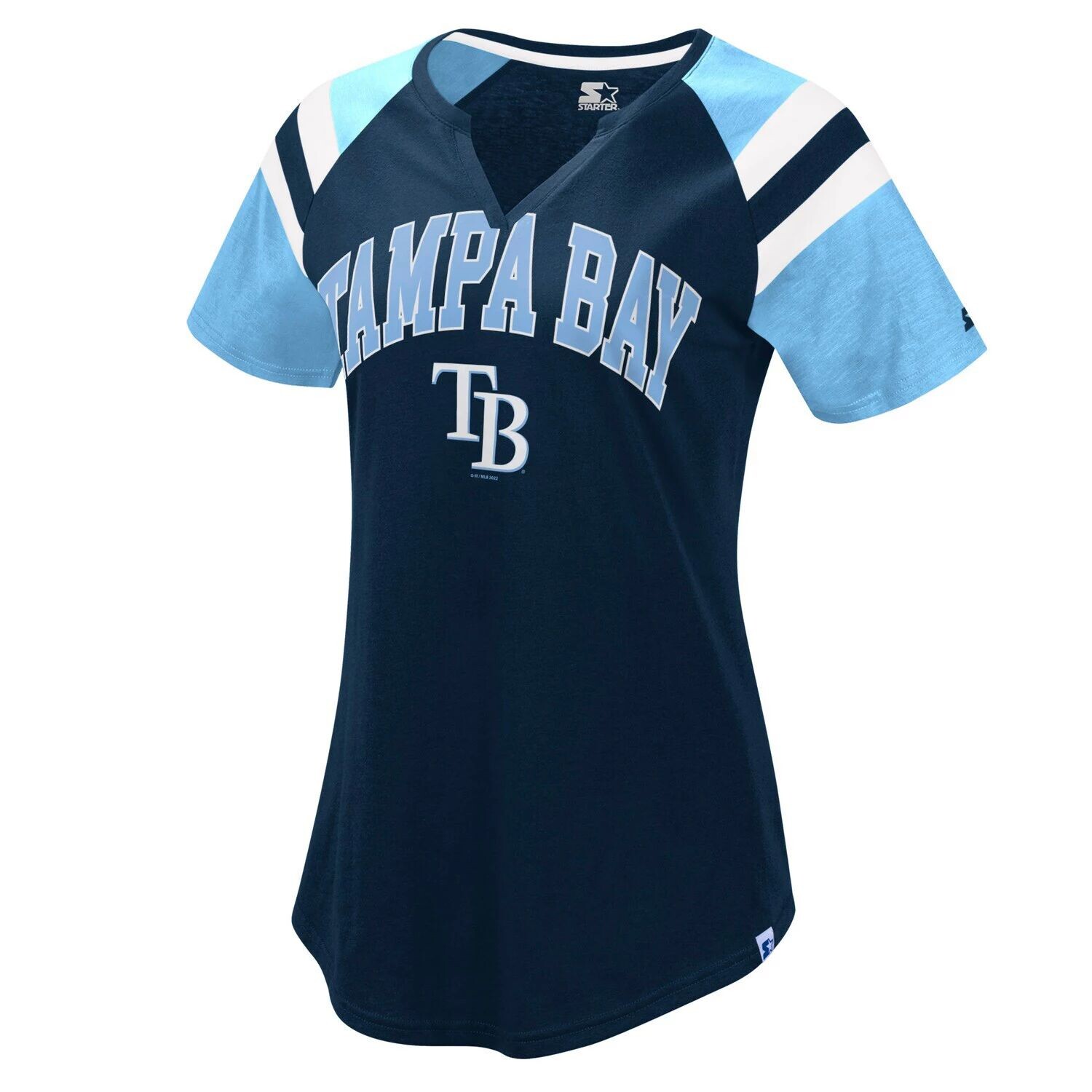 

Женская базовая футболка темно-синего/голубого цвета Tampa Bay Rays Game с вырезом реглан Starter