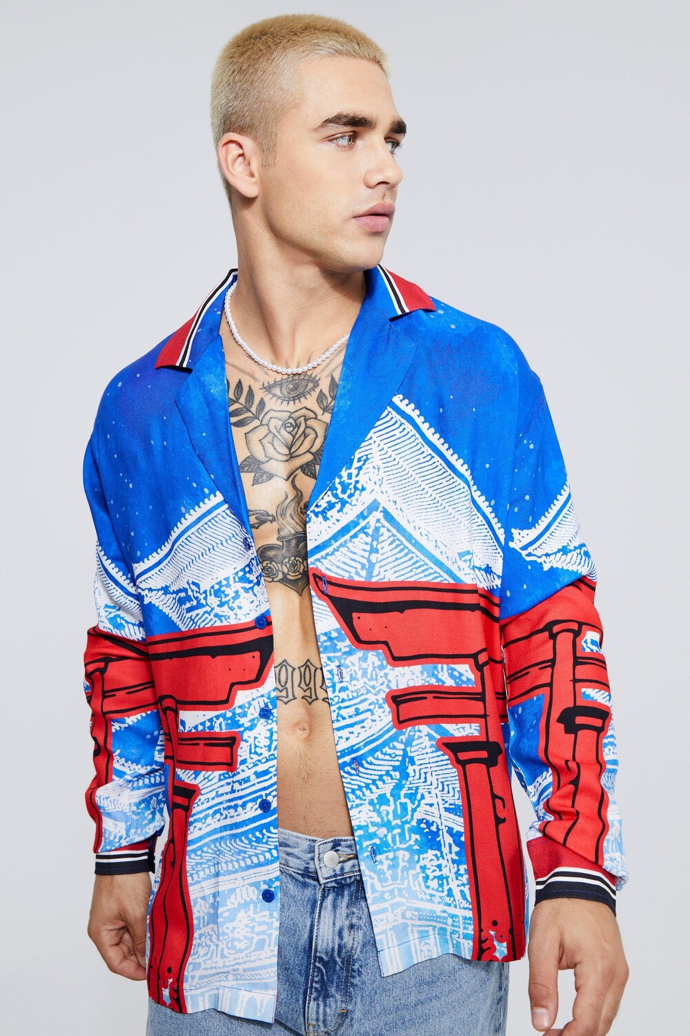 

Рубашка revere из вискозы с длинным рукавом Boohoo, синий