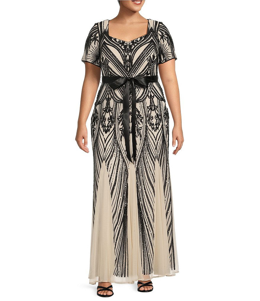 R & M Richards Платье больших размеров с короткими рукавами и вырезом в форме сердца, украшенное пайетками, бежевый