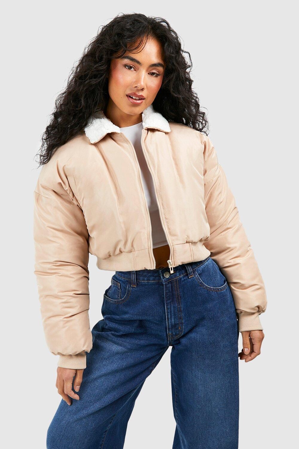 Утепленная куртка-бомбер с воротником борг boohoo, бежевый