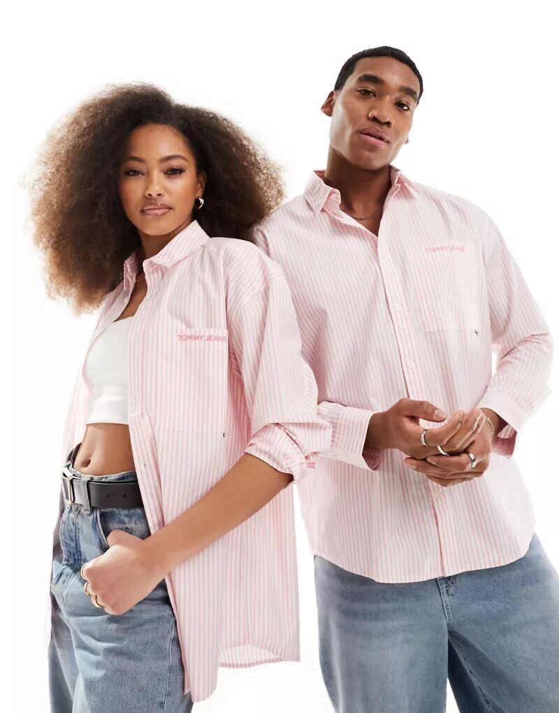 

Классическая рубашка свободного кроя в розовую полоску Tommy Jeans унисекс, Серый