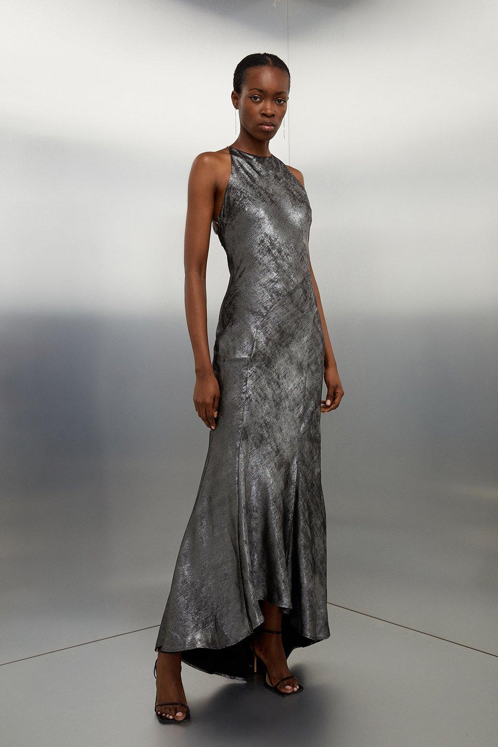 Миниатюрное тканое платье макси с бретелью на шее и металлизированными стразами премиум-класса Karen Millen, серый