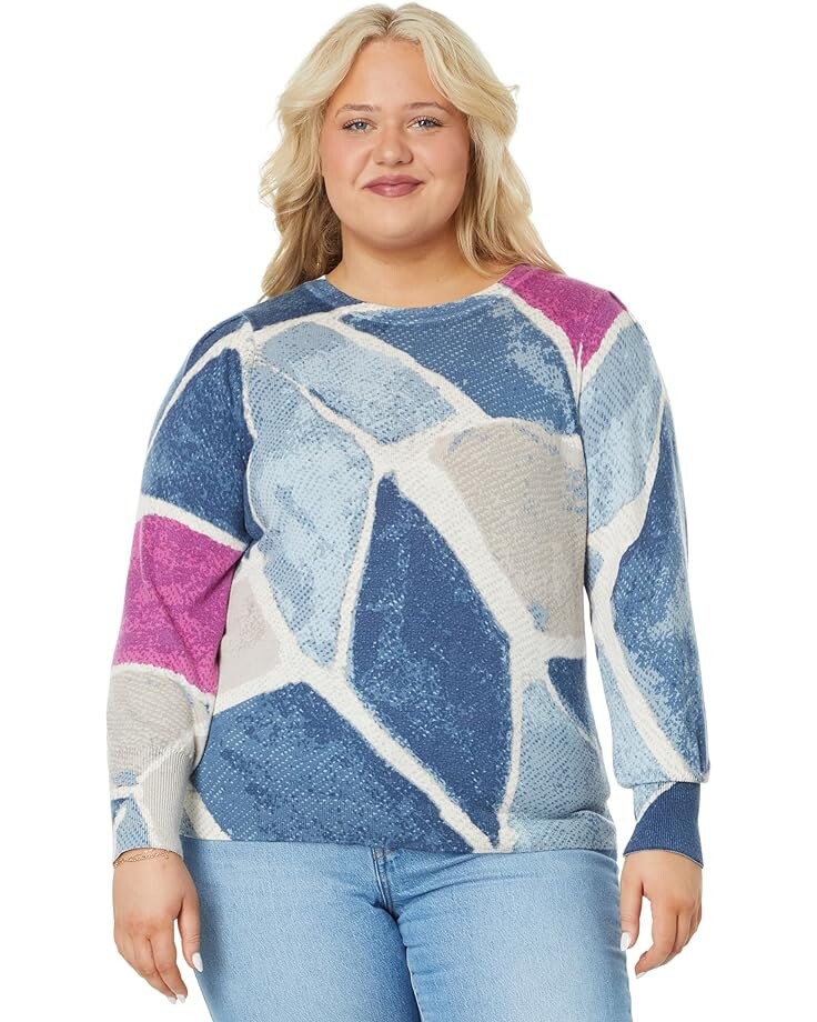 

Свитер NIC+ZOE Plus Size Printed Tiles Femme Sleeve, цвет Blue Multi