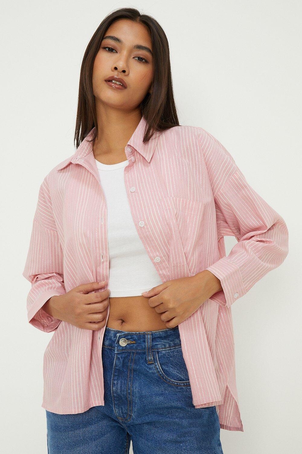 

Рубашка оверсайз в полоску из поплина Petite Dorothy Perkins, розовый