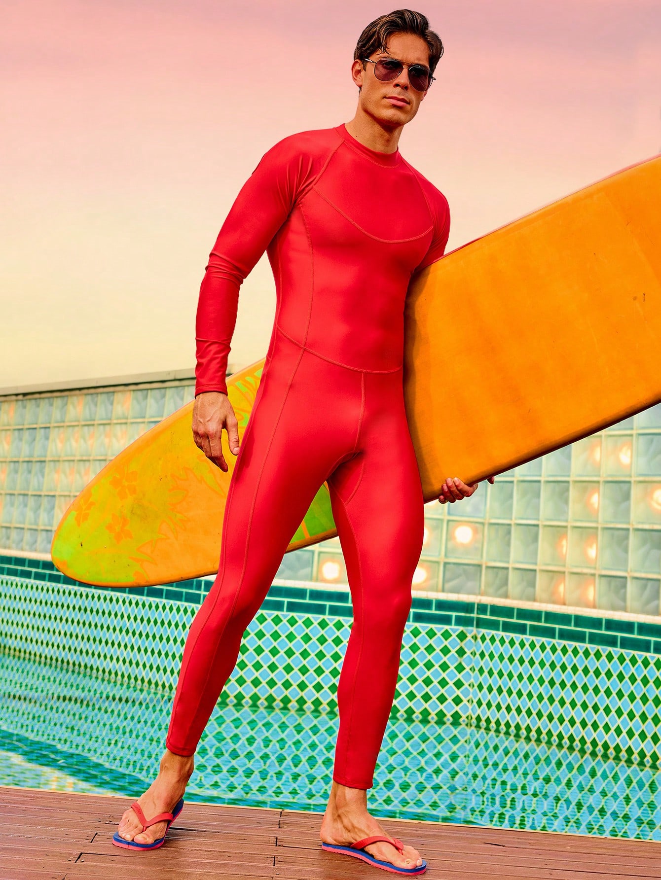 Мужской однотонный облегающий купальник с длинными рукавами, комбинезон, красный